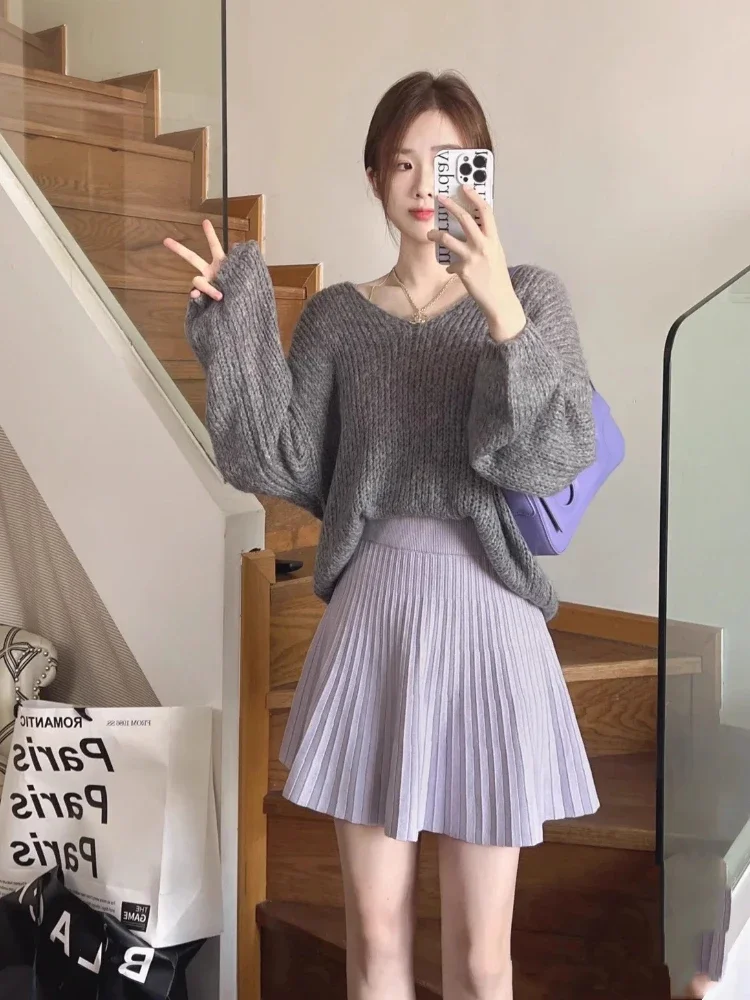 Solid Sweaters Women Slouchy Elegant Chic Simple V-neck Soft Advanced Loose Korean Commuting Style Daily Fashion Tender Classic