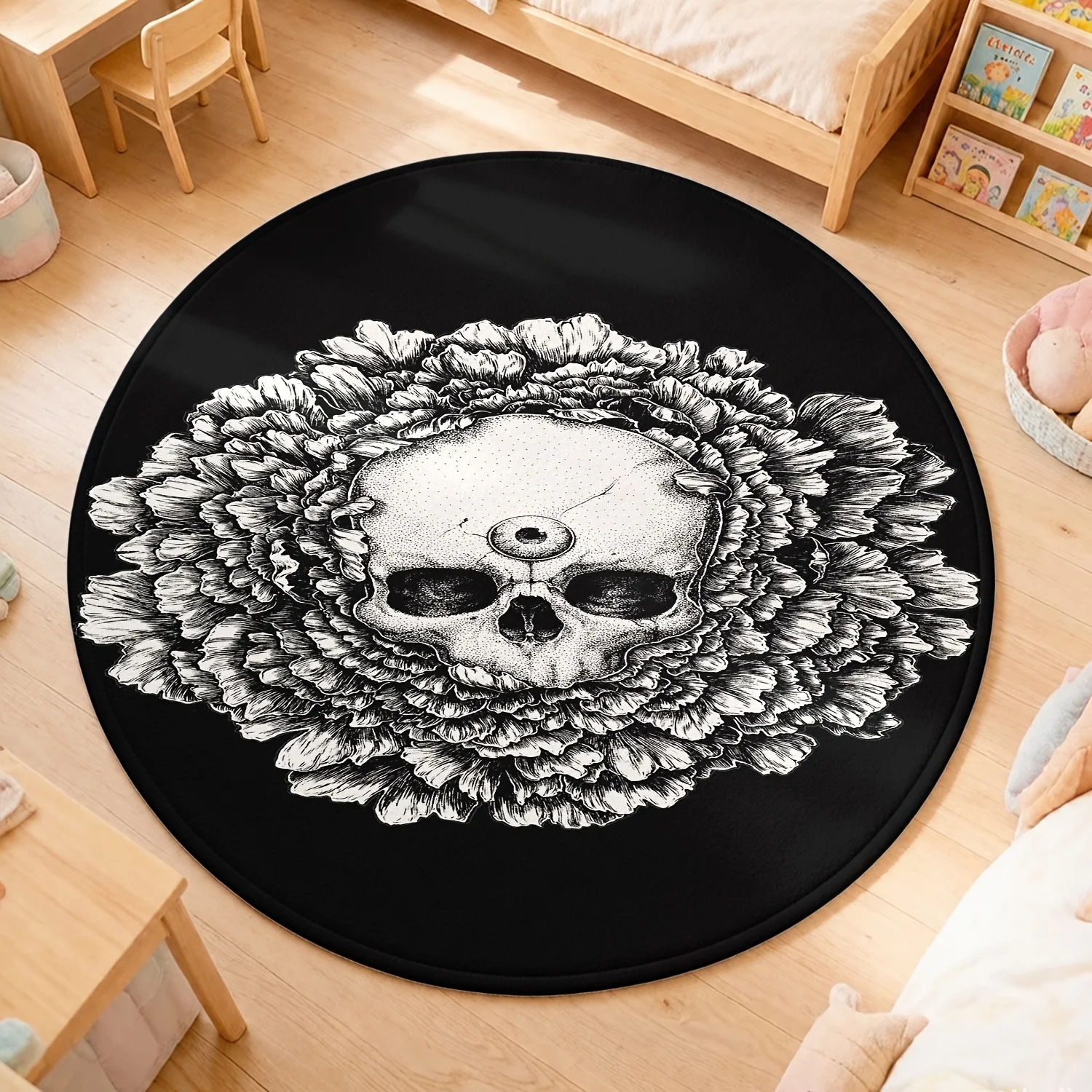 Gothic Skull Floral Round Rug Third Eye Peony Flower Print Black Background Home Living Room Floor Mat Halloween Decor