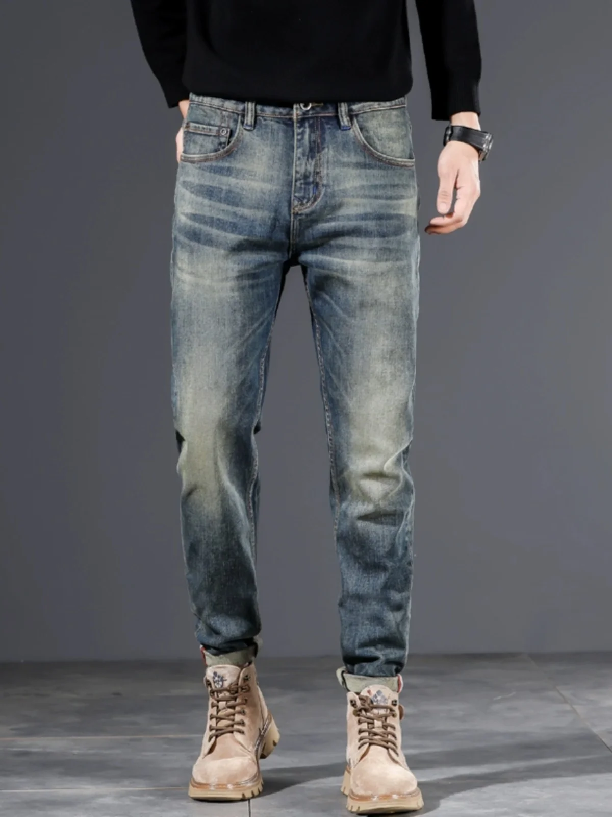 

High Waist Straight Leg Casual Jeans Men's Slim Fit Denim Pants Spring Autumn New Arrival Cotton Stretch Fabric Youth Trend