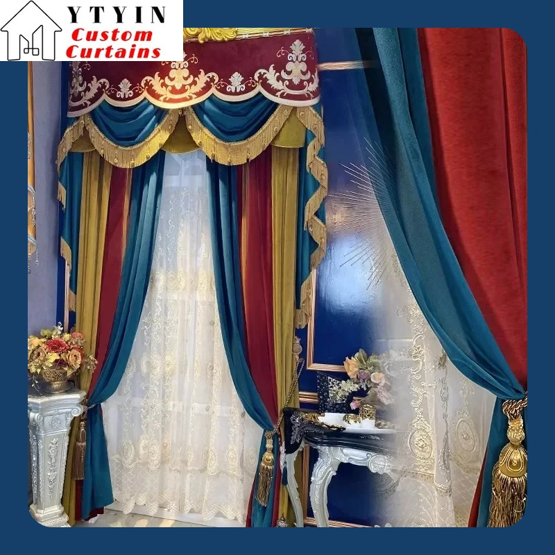 

Villa Valance Custom Size Red Embroidered Window Screen Velvet Splicing Thickened Curtain for Living Room Bedroom French Balcony