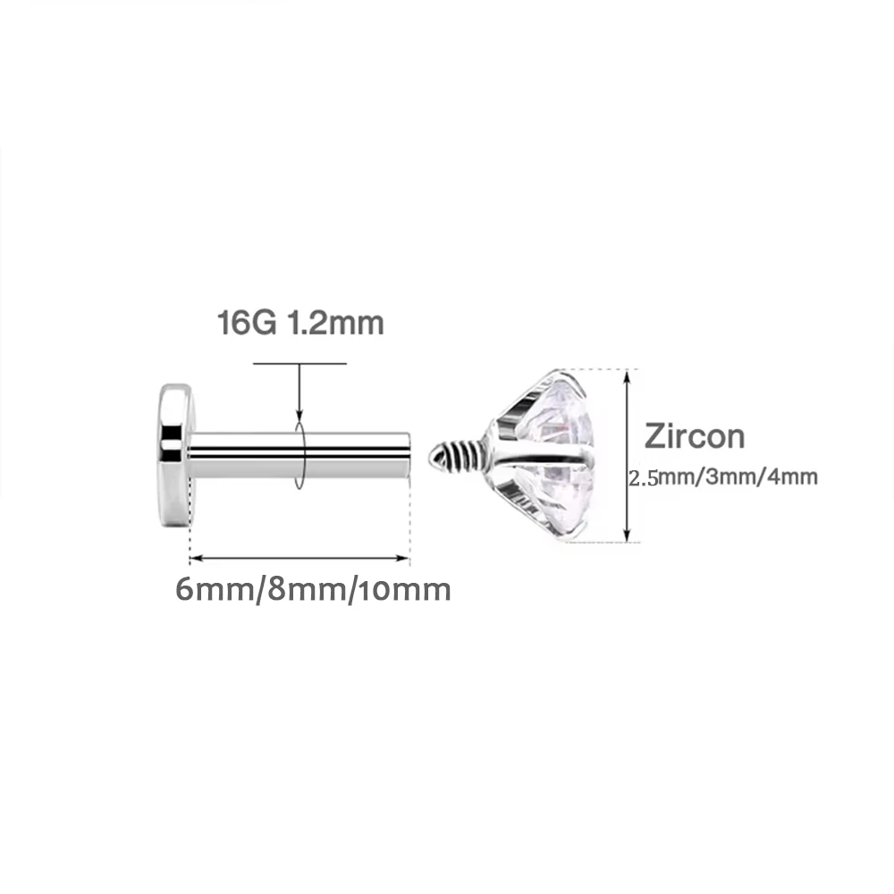 G23 티타늄 라브렛 립 피어싱 스터드, 내부 나사산 투명 지르콘 이어 스터드, 나선형 연골 이주 바디 피어싱 쥬얼리