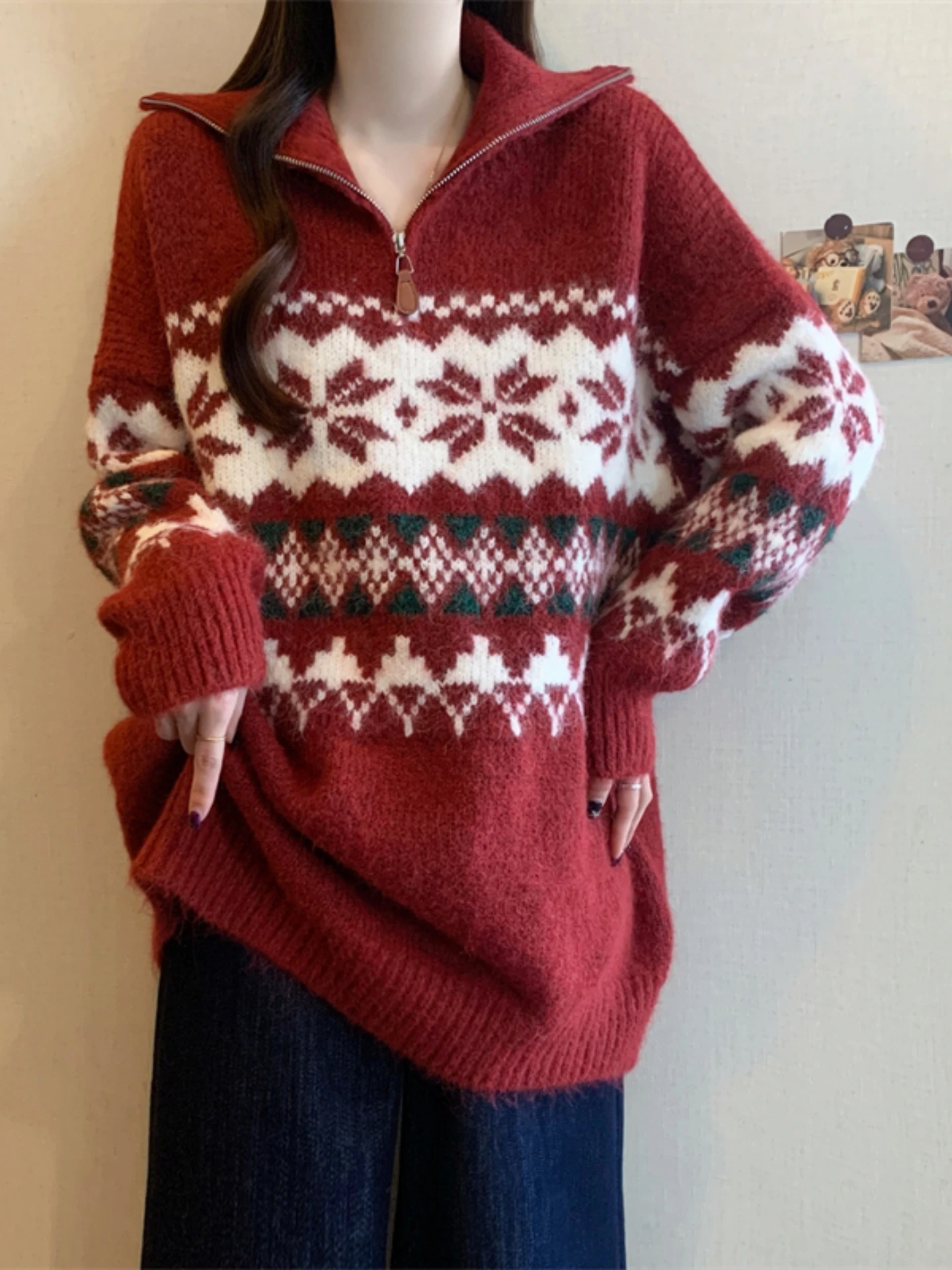 

Red Vintage Knitted Sweater Women's Spring Autumn plus Size Lazy Style Big Flower Embroidery Slimming Long Top for Ladies
