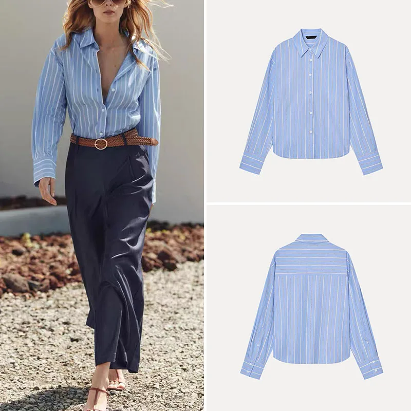 

Весна 2025 г., женские полосатые шелковые длинные све айрт с отложным воротником, волокно из полиэстера, 00% новый модный дизайн