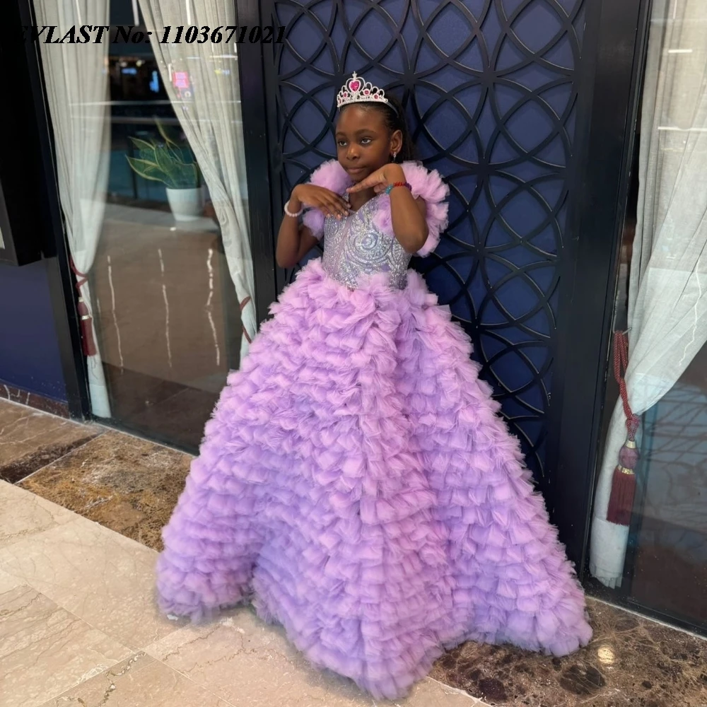 EVLAST Customized Purple Flower Girl Dress For Weddings Tiered Ruffles Little Girls Pageant Birthday Party Communion Gown FD80