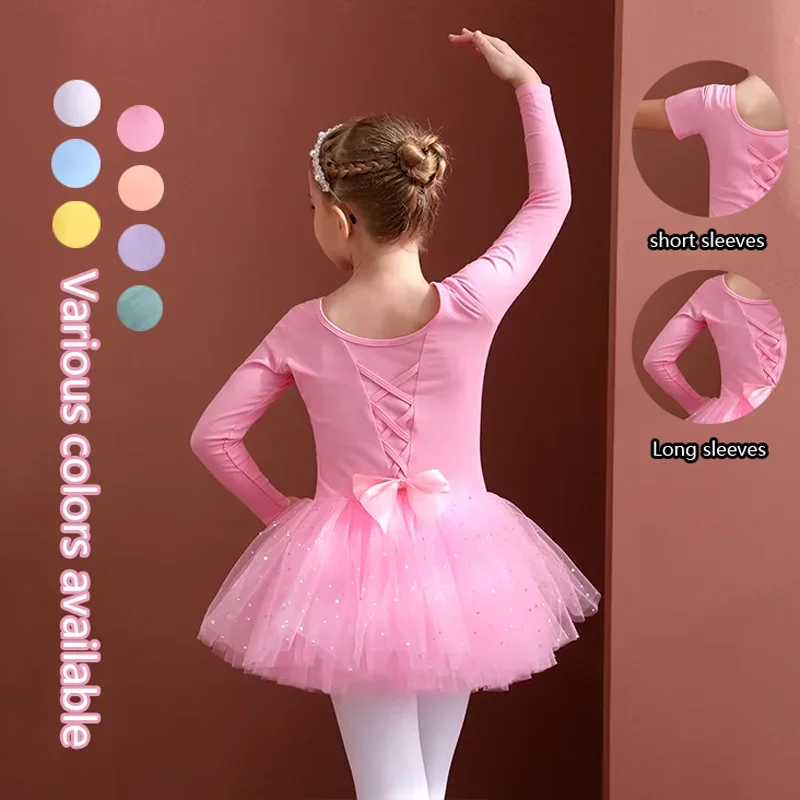 Girls Ballet Dance Tutu Dress Kids Short /Long Sleeves Tulle Bowknot Skate Gymnastics Christmas Birthday Party Leotard Dancewear