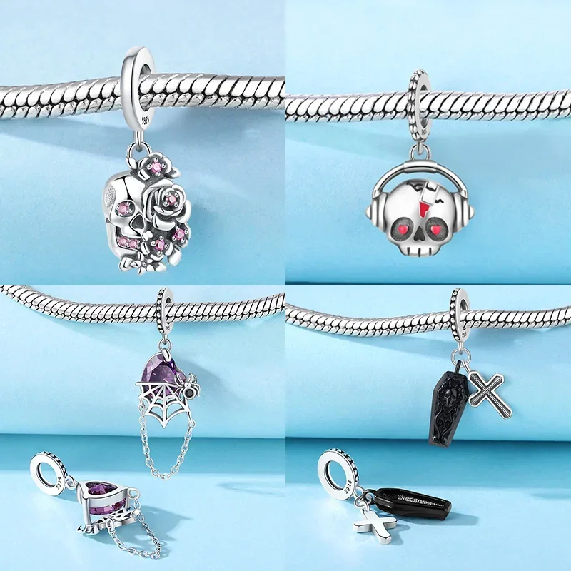 Silver S925 Luminous Halloween Charms Zombie Skeleton Dangle Bead Fit Original Bracelet DIY Fine Jewelry Gifts for Women Making view 4