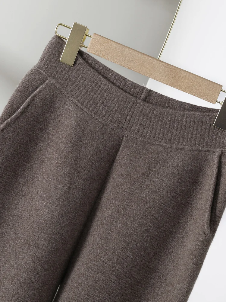 Новые шикарные женские трикотажные брюки из 100% мериносовой шерсти с широкими карманами, осень-зима, толстые повседневные стильные мягкие теплые элегантные вязаные брюки