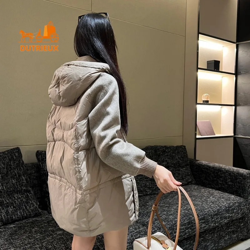 2024 Winter New Coat for Women, Simple and Elegant Splicing Cashmere Hooded Mid-length Down Jacket Top, Loose Version for Warmth