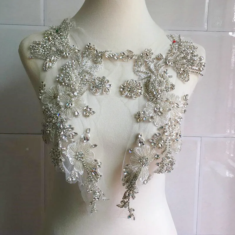 2 Stück/1 Paar 17*37cm hand genähtes Glas Diamant Spiegel Blume Wasser Diamant Blumen gürtel Schulter Brautkleid DIY Patch RS4833 – Detail 3