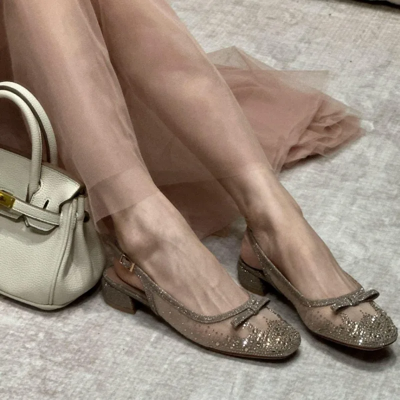

New Womens Shoes Exquisite Rhinestone Low Heel Sandals for Woman Fashion Air Mesh Casual Shoes Designer Shoes Sandalias De Mujer