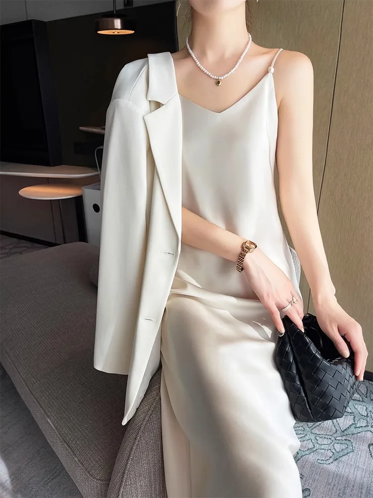 Red Acetate Satin ter Dr Women's 2025 New Sle Suit Inner Wear Long Dr High Waist A-Line Skirt V-Ne Svel