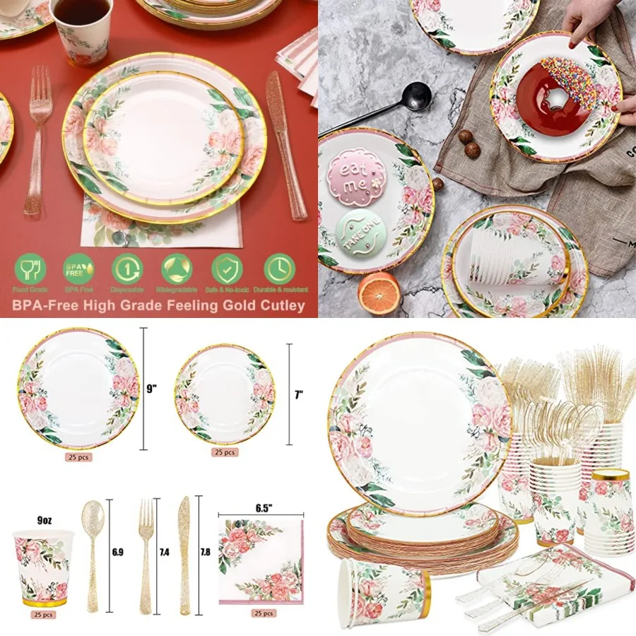 

Floral Party Supplies for 24 Guests Disposable Dinnerware Set with Coordinating Paper Plates Napkins Cups and Cutlery Perfect f