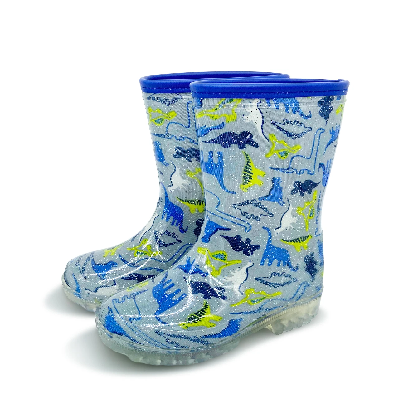 Botas de chuva de PVC para crianças, Sapatos de água antiderrapantes, Dinossauro Cinzento, Glitter, Impermeável, Resistente ao desgaste, Fácil de aplicar, Ao ar livre, Bonito