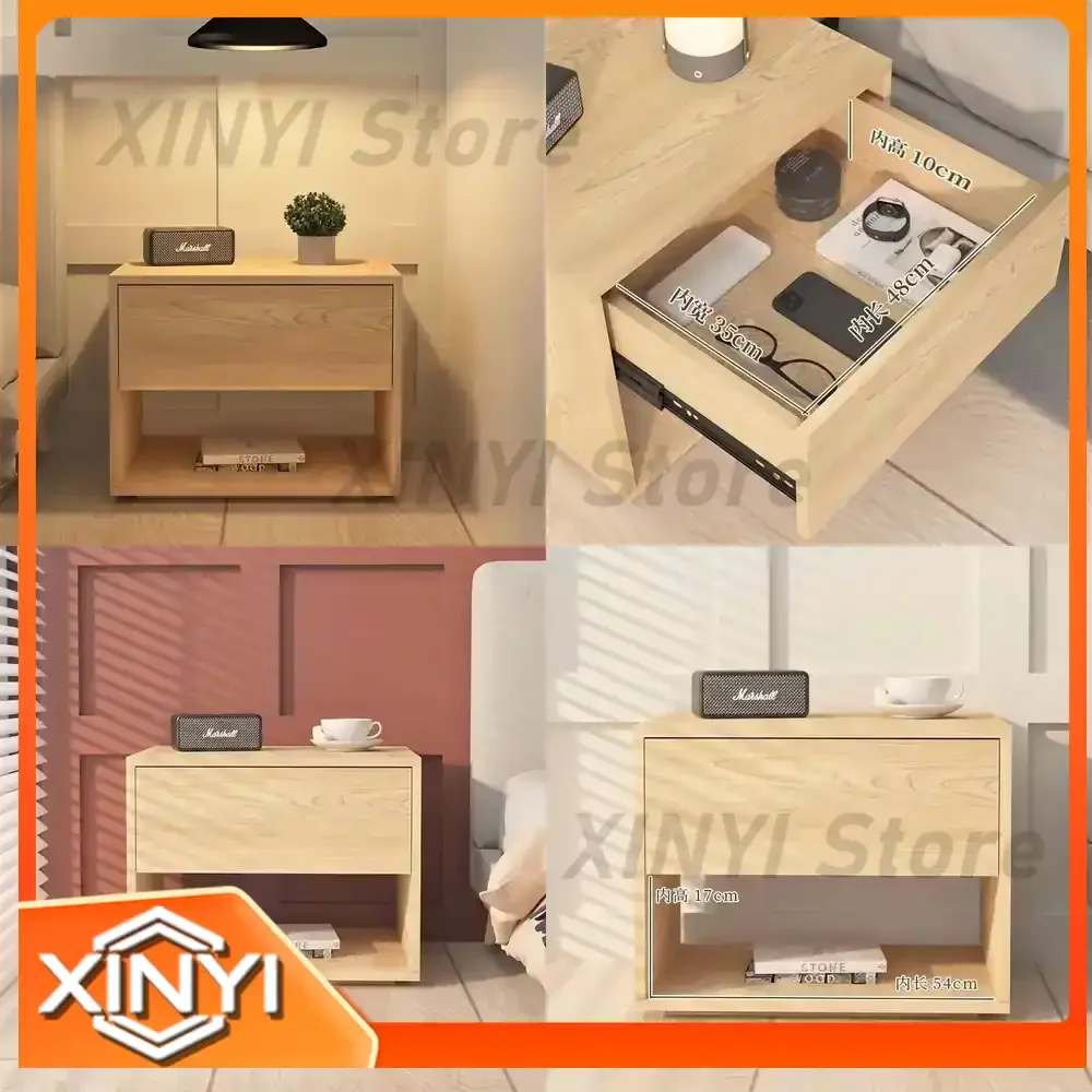Solid Wood Bedside Table for Rental House Simple Modern Light Luxury Multi-Functional Bedroom Suspended Shelf