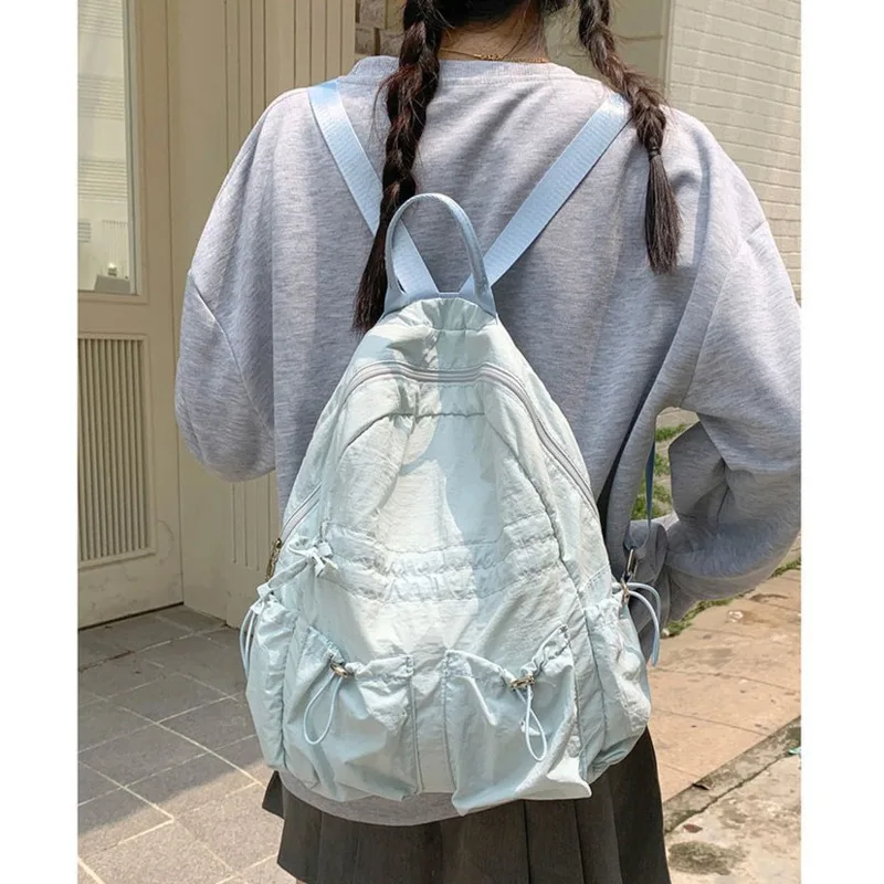 Korea Lightweight Nylon Backpack Women Japan Fashion Drawstring Student Solid Schoolbag Casual Pleated Leisure Travel Backpack