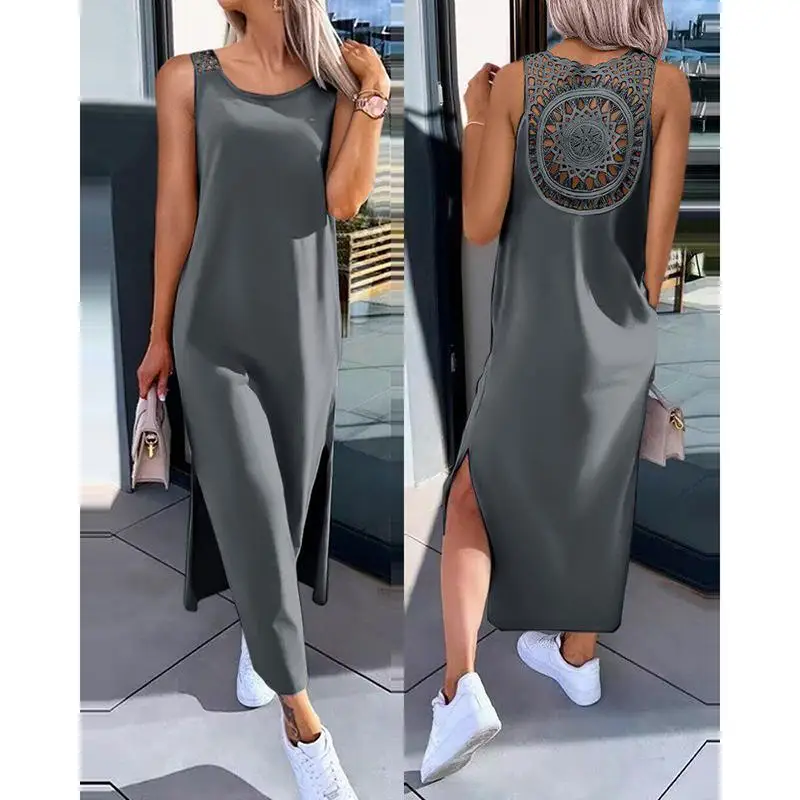 Sommer Neue Ärmellose Hohl Sexy Lose Kleid Frauen Mode Schlitz Feste Beiläufige Vestidos Rundhals Schlank Damen Kleider