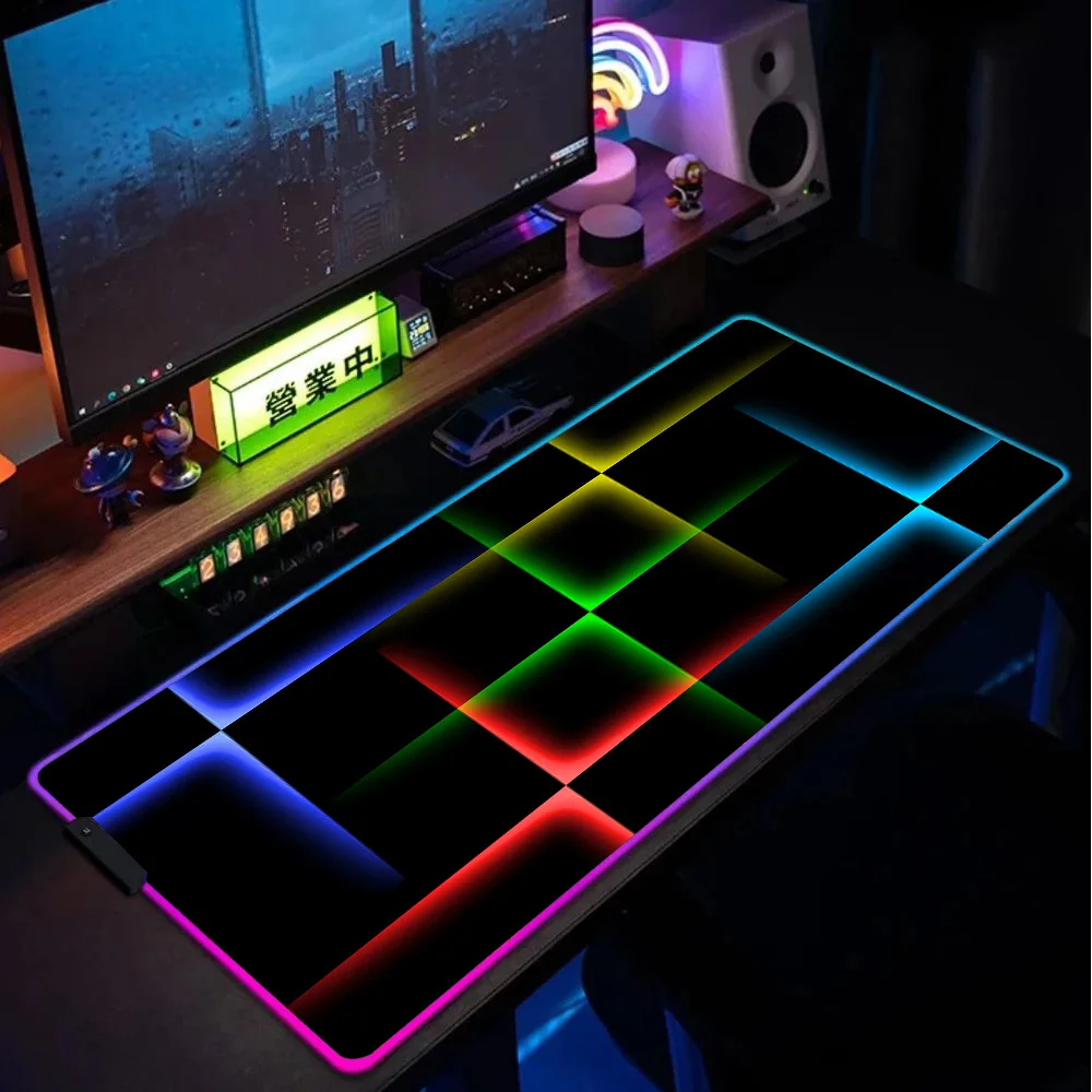 

Rgb Mouse Pad Gaming Room Decoration Neon Geometric Blocks Computer Desk Accessories Deskmat Back Light Table Mat Led Mousepad