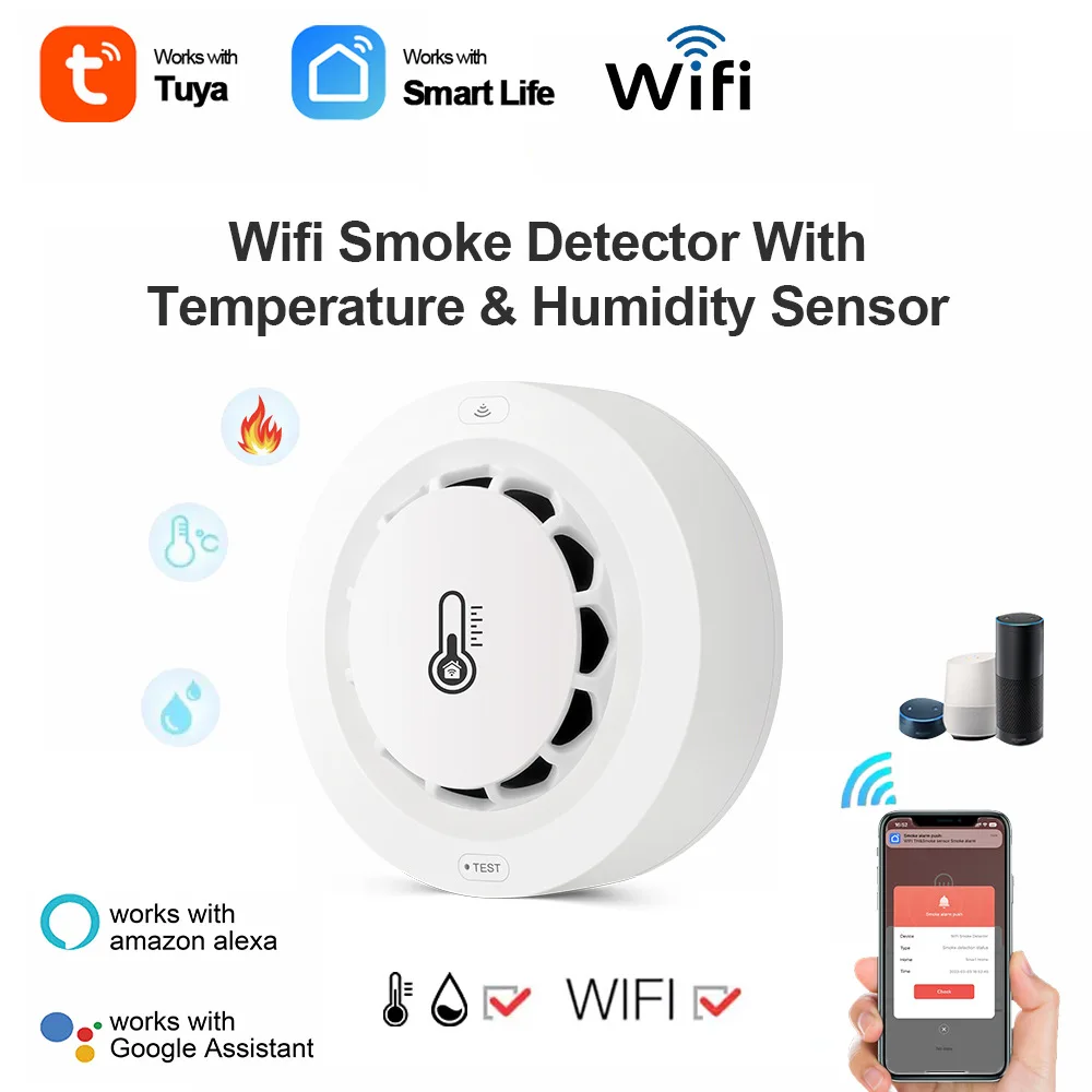 WiFi Smoke Alarm Temperature And Humidity Detection Sensor 3 In1 Tuya Smart Life Firefighter Works With Alexa Google Home Alexa