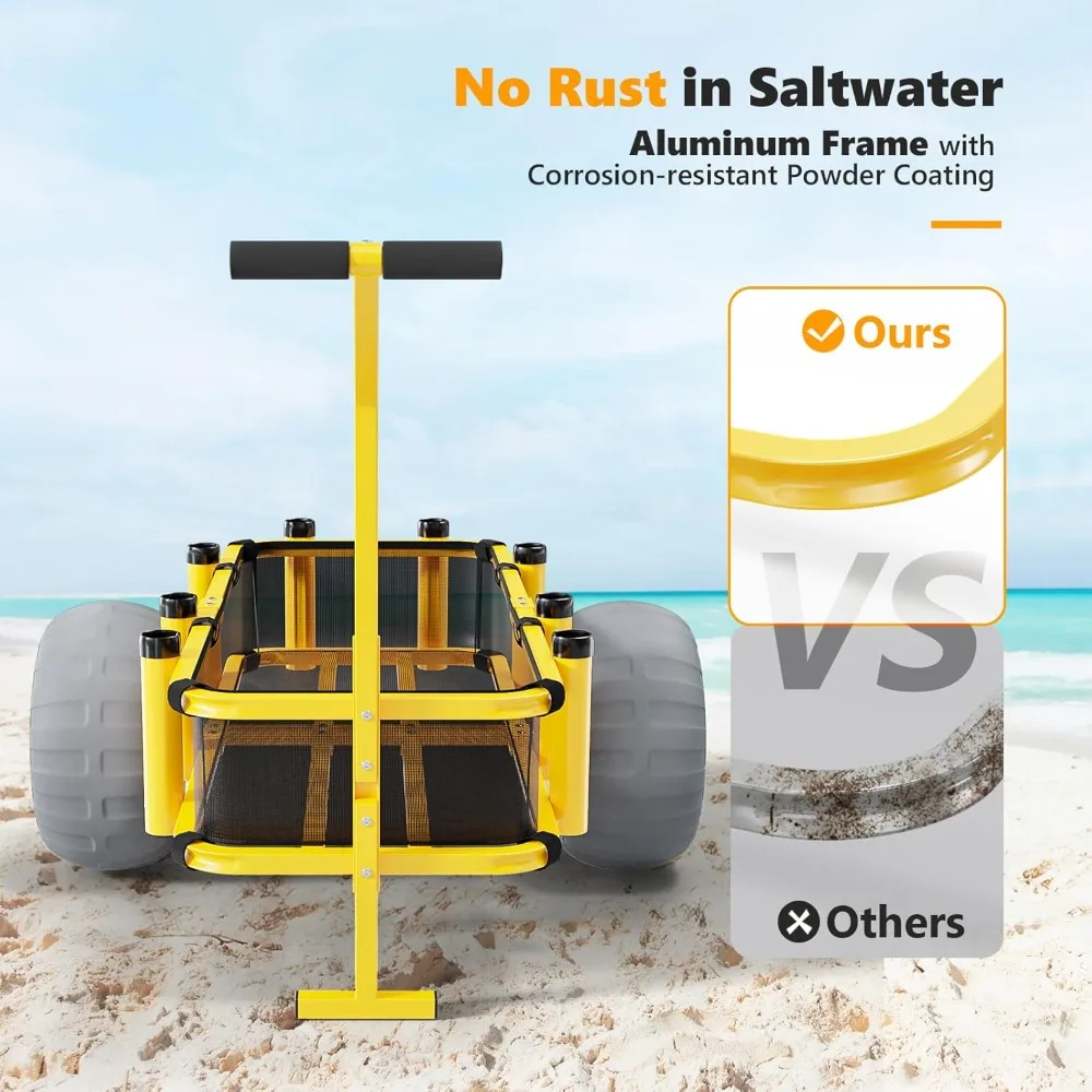 Carro de playa de pesca con 16 ruedas de globo grandes para arena, capacidad para 400 libras, 8 asientos de pesca, carro resistente