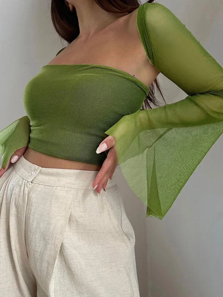 

Y2K Сетчатый топ Футболка с длинным рукавом Укороченный топ из 2 предметов Женская одежда Осень Весна Однотонный уличный топ с квадратным вырезом Зеленые футболки