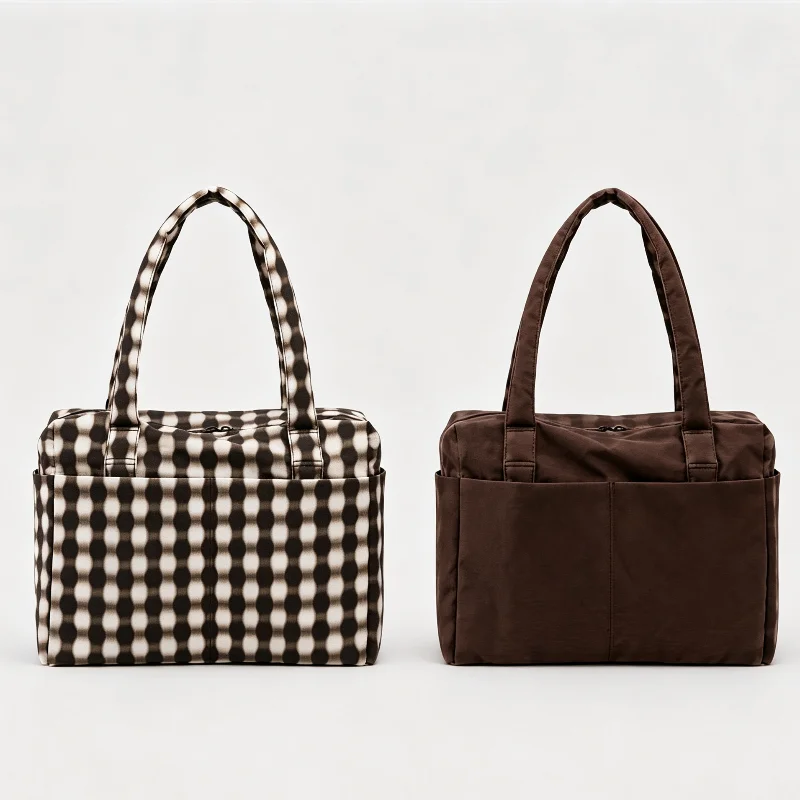 Branded Women Plaid Nylon Tote,fashion Solid Color Simple Casual Shoulder Bag Large-capacity Lightweight Travel Luggage Handbag