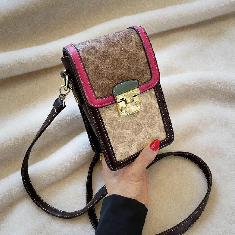 Classic design new print trend single-shoulder bag in vertical style mobile phone bag with retro design in pink/brown dual color