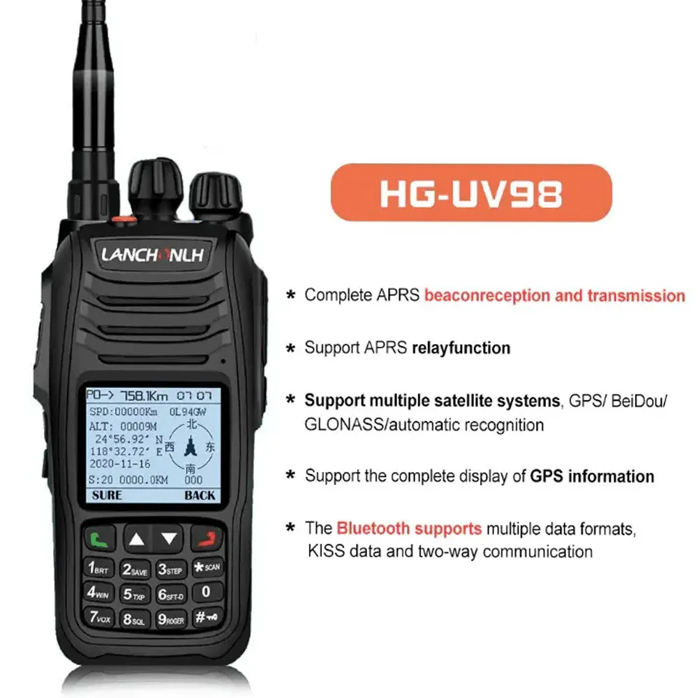 

LANCHONLH HG-UV98 Professional APRS FM Transceiver GPS Blue Tooth Dual Band Walkie Talkie 136-174Mhz 400-470Mhz 5W 2500mAh