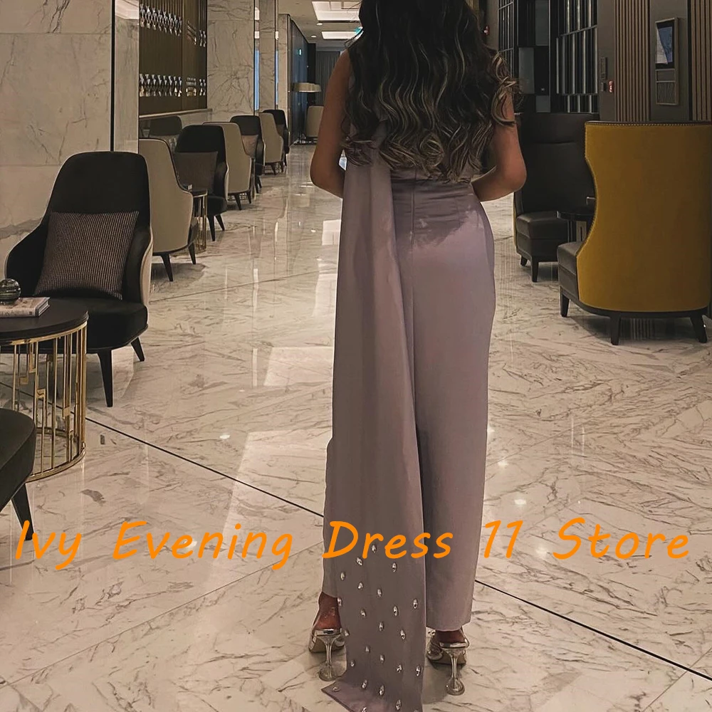 カスタマイズされた絶妙なクリスタルワンショルダーサテンイブニングドレスファッションノースリーブストレート足首丈オーダーメイドオケージョンドレス