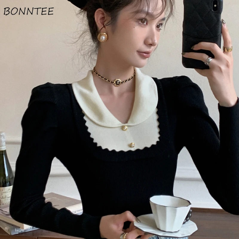 

Puff Sleeve Pullovers for Women Panelled Ins Fake 2pcs All-match Knitted Autumn French Style Elegant Tender Classic Chic Vintage