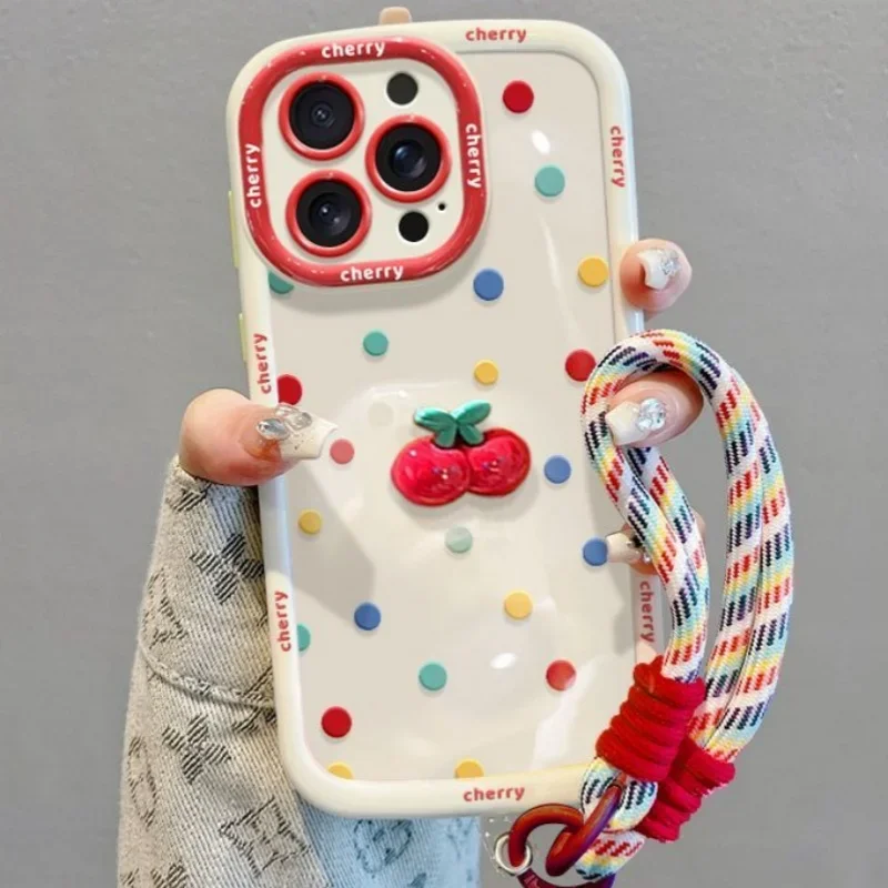 Cream shell painted cherry doll with colorful polka dot phone case with hanging rope For iPhone 11 12 13 14 15 16 pro max