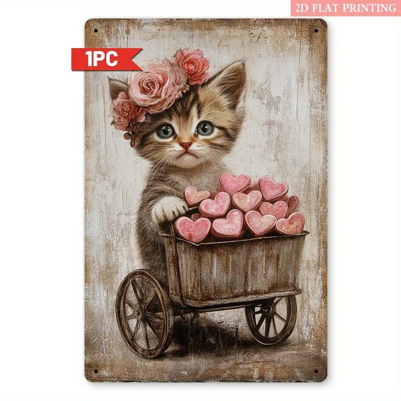 2D Flat, 2D Flat 1pc, Kitten with Hearts Iron Metal Decorative Sign, 8x12 Inch Vintage Aesthetics, Romantic & Sweet Decor, Suita