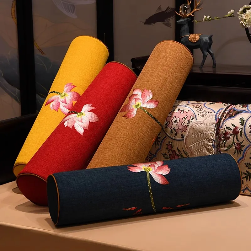 

55/60cm New Chinese Style Pillowcase Embroidered Lotus Cylindrical Cushion Cover Mahogany Sofa Armrest Waist Pillow Nap Pillow