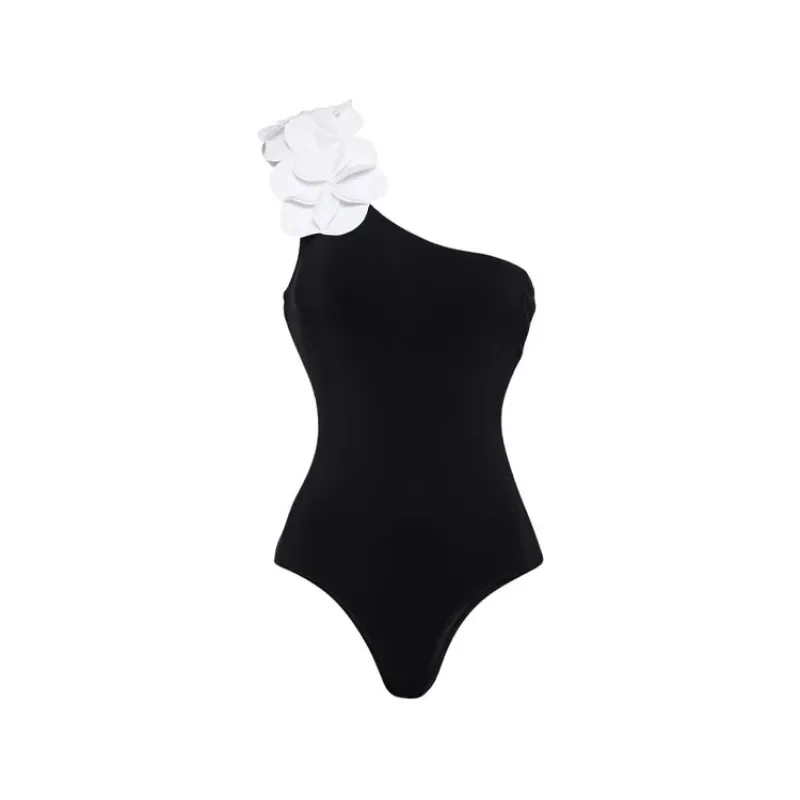 Maillot de bain une épaule à fleurs pour femmes, noir et blanc, contrasté, une pièce, nouveauté 2024