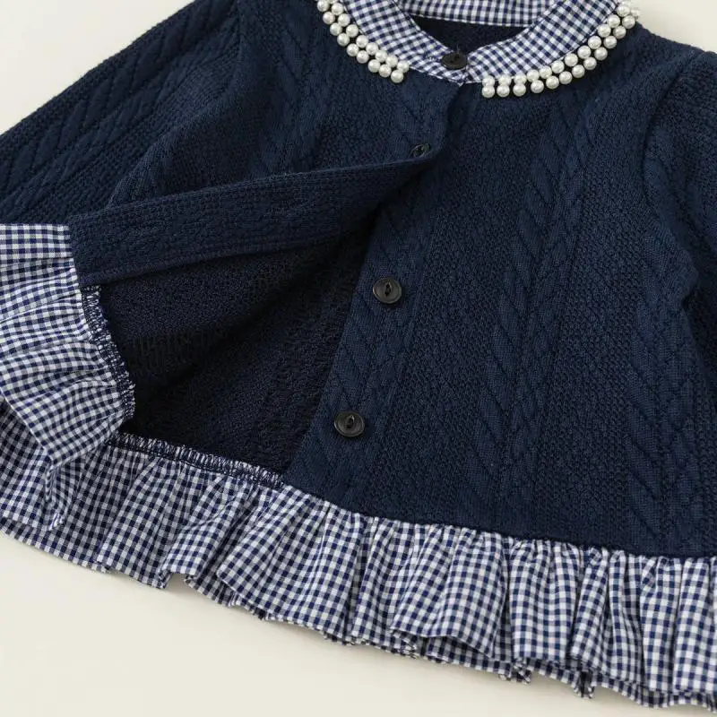 2024 Children Clothes Spring  Autumn Baby Girls Two Piece Set Patchwork Long Sleeve Knitted Cardigan Solid Fashion Pleated Skirt