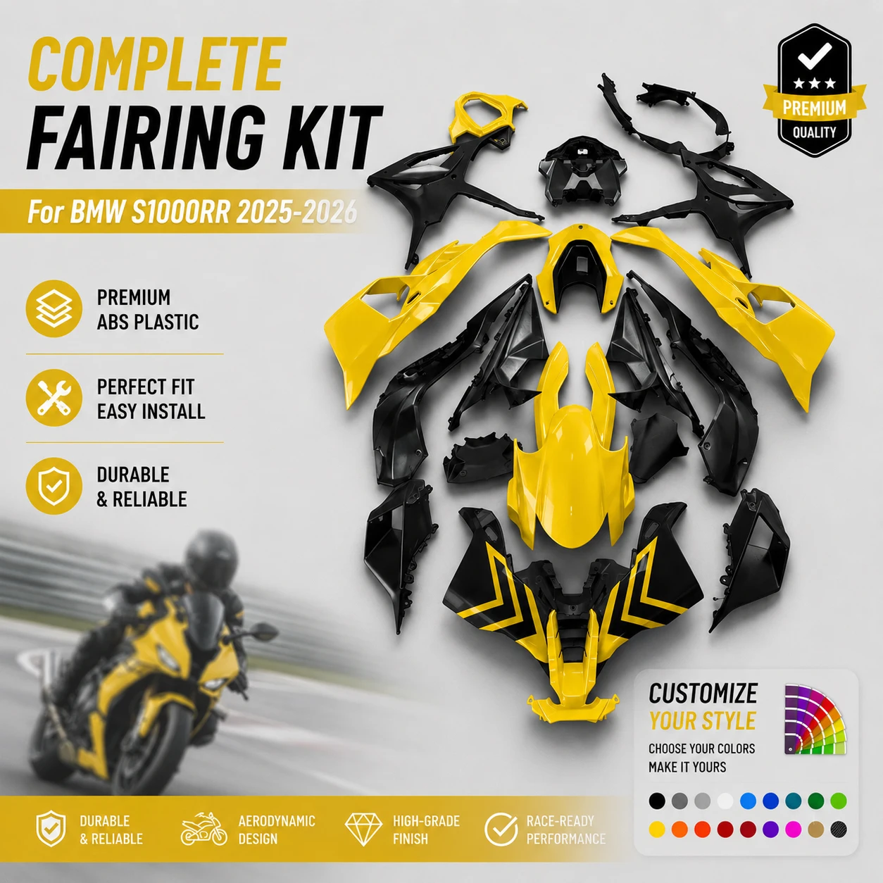 

For BMW 2025 2026 S1000RR M Sport Fairings Set Pre-Drilled Motorbike Cowl Panels Injection Molded Yellow Body Kit Shell K67 New