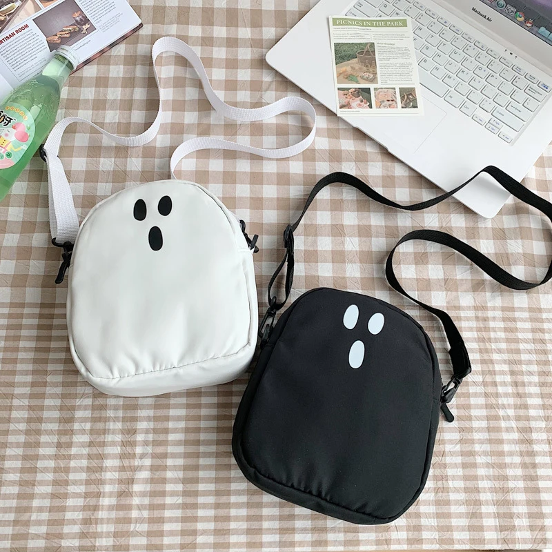 Bolso de lona de dibujos animados para mujer, bolsa de hombro, Kawaii, fantasma divertido, blanco y negro