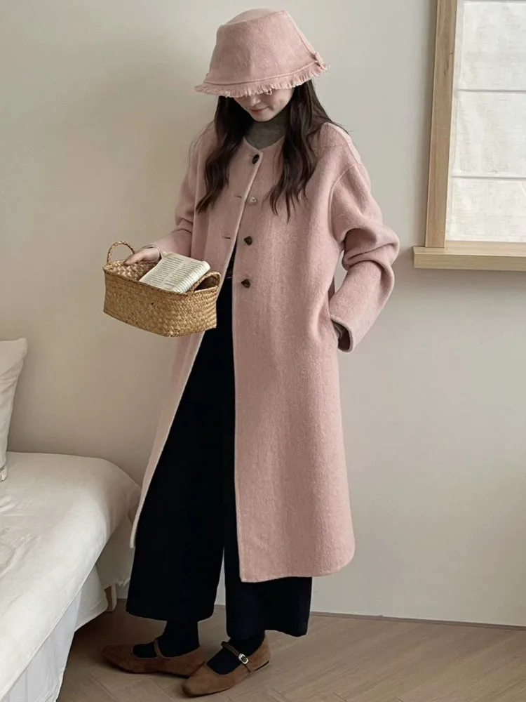 ZMEENNA Women's Long Wool Coat Winter Round Neck Jacket Pink Chic Outerwear Warm Oversized Overcoat With Pockets ZM3742