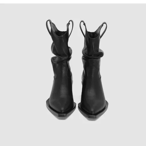 Pu Leather Chelsea Boots for Women Autumn Winter New Chunky Heeled Cowboy Boots Woman Loose Tube Mid-calf Pleated Western Bootie