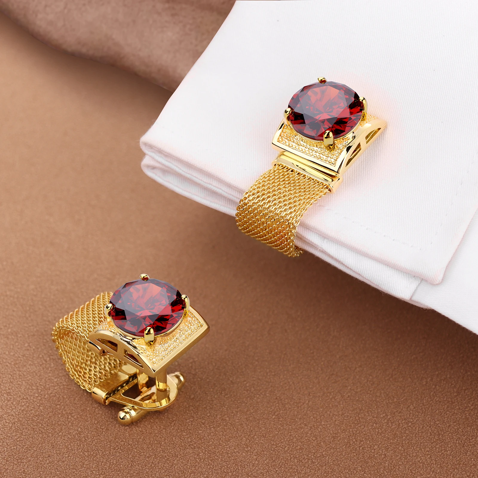 Men Birthstone Cufflinks Gold Mesh Chain Oval Crystal Zircon Cuff Links for French Shirt Birthday Gift for Men HAWSON