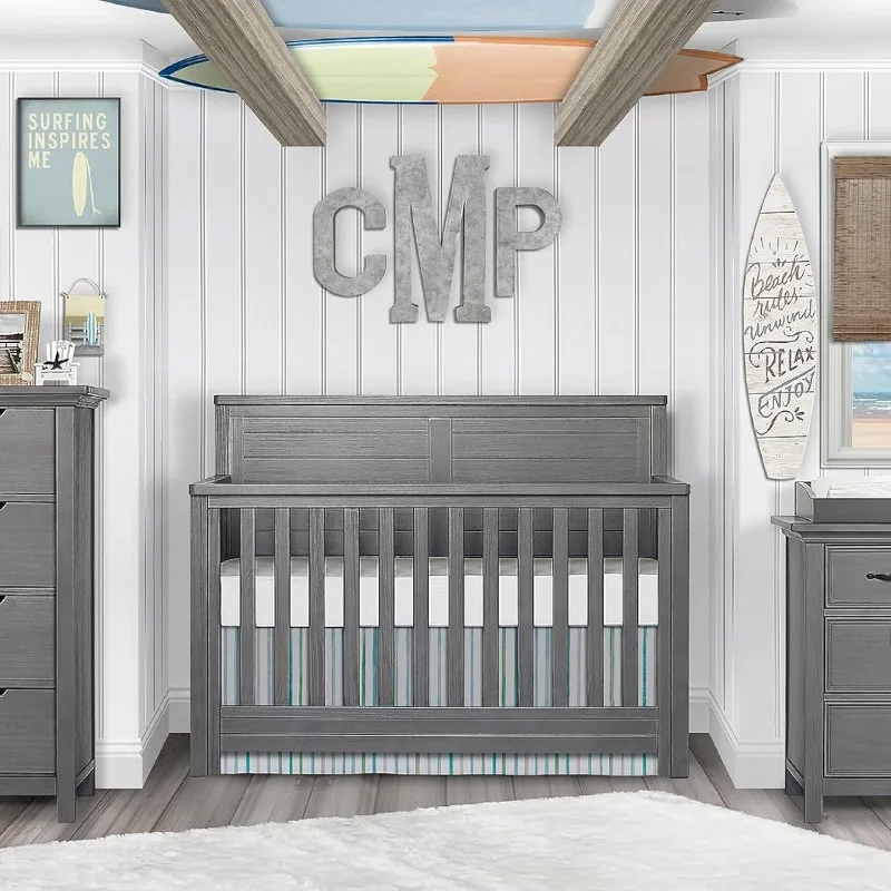 5-in-1 Convertible Crib in Rustic Grey, Features 3 Mattress Height Settings, Greenguard Gold Certified, Made