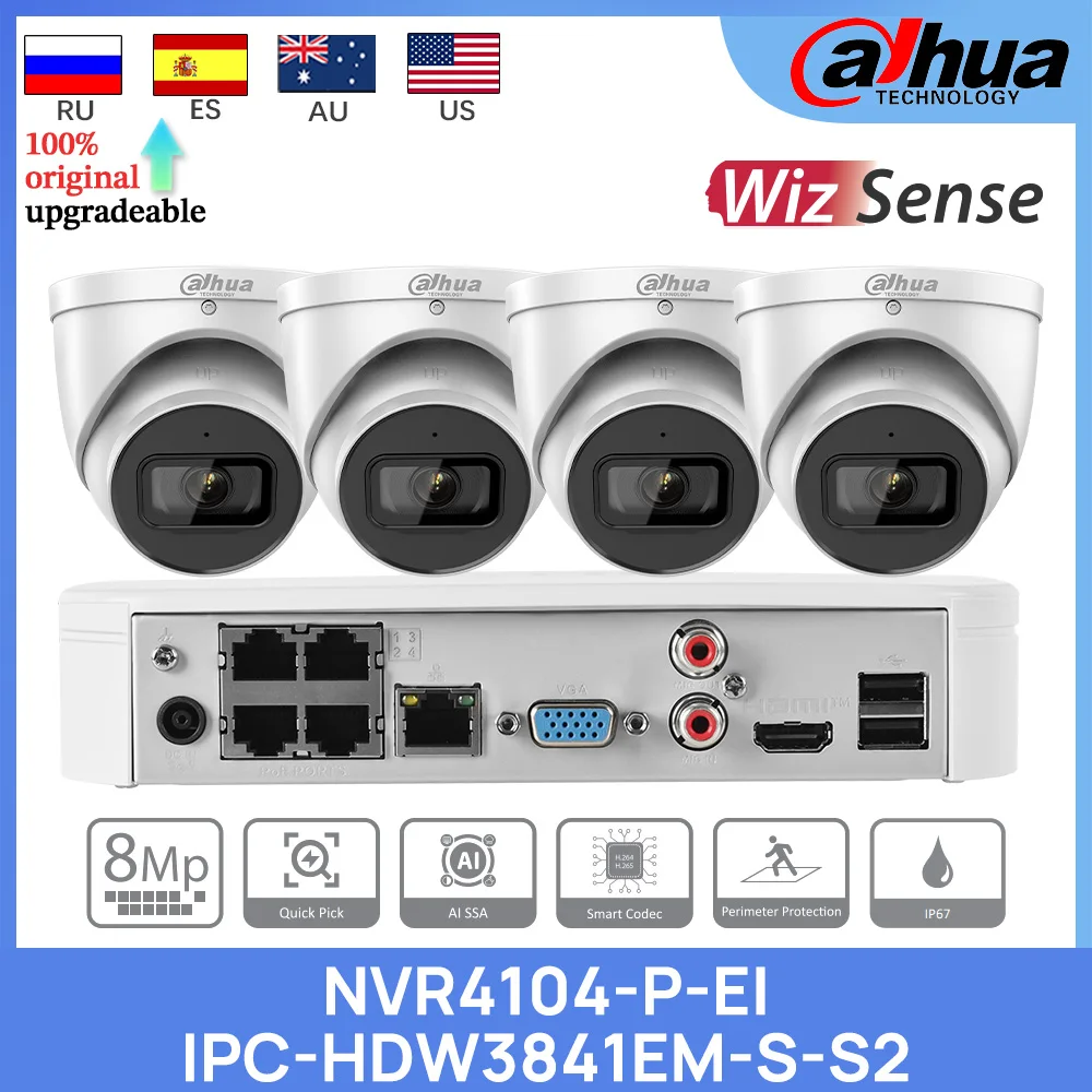 

Dahua 4PCS Kits IPC-HDW3841EM-S-S2 8MP IR POE Camera Smart 4PoE1HDD WizSense Network Video Recorder NVR4104-P-EI Security System