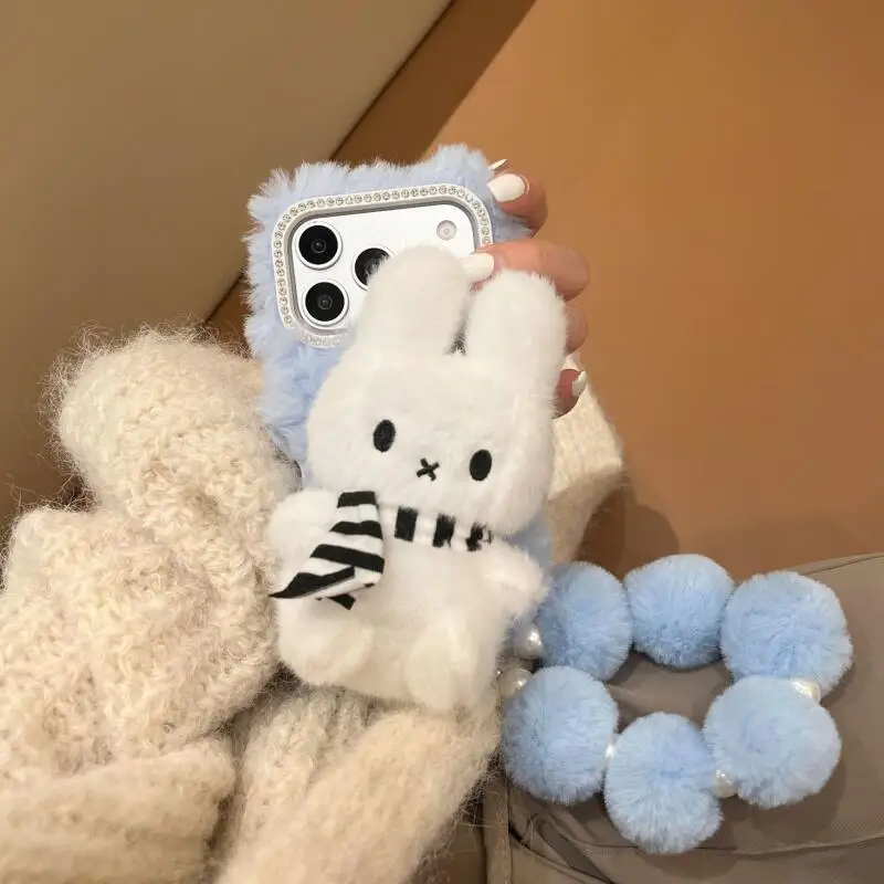 Cartoon Miffy Plush Phone Case Kawaii Anime Miffy Hand Rope Phone Case for Iphone 17Anti Collision Protective Cover