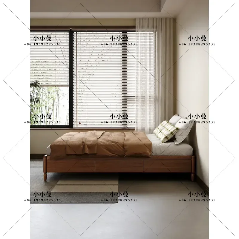 Solid Wood Bed Frame with Storage Antique Style 1.5m Single 1.8m Double Bed for Small Apartment Primary Secondary Bedroom No