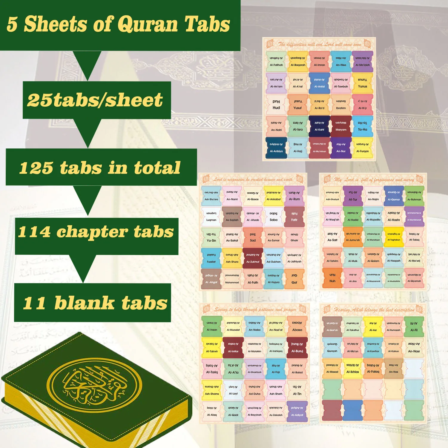 125 Quran Chpter Tabs, Quran Surah Tabs, 114 Chapters &11Blank Tabs,Laminated, Quran Index Tabs Quran Book Tabs Quran Label Tabs image 3