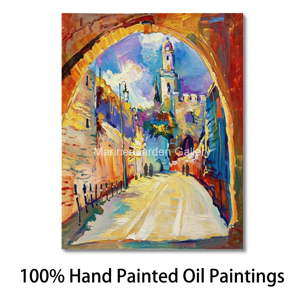Textured Jerusalem Landscape Canvas Art Archway Holy Land Hand Painted Jewish Oil Painting Modern Wall Decor for Judaica Home