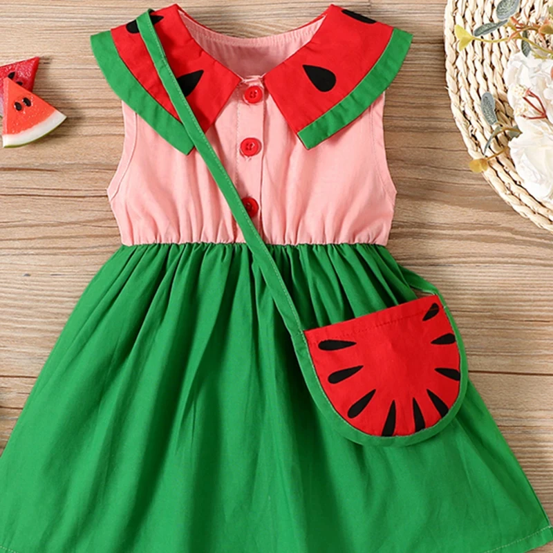 New Summer Baby Girl Watermelon Print Pattern Round Neck Sleeveless Dress + Crossbody Bag Girls Cute Splicing Fashion Dresses