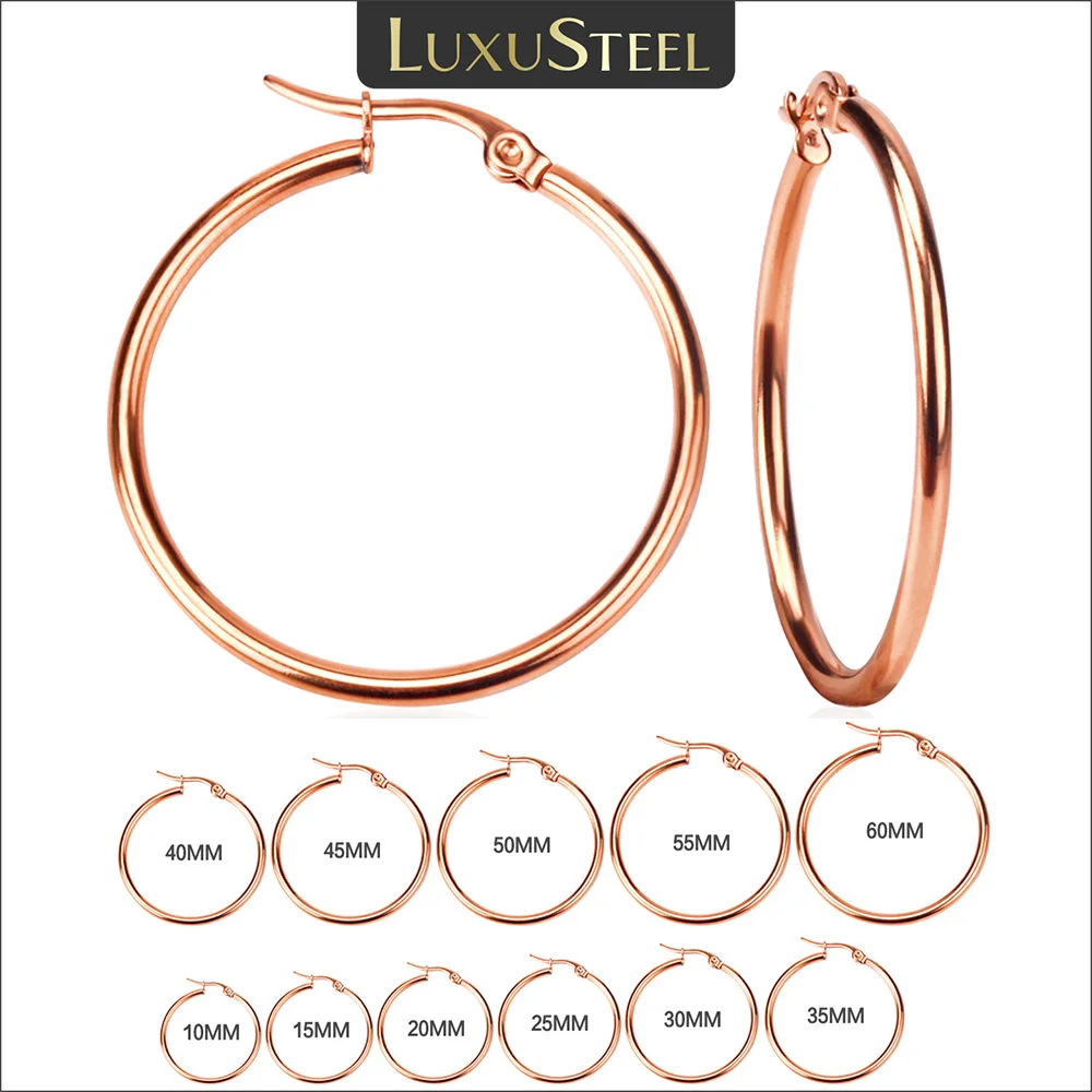 LUXUSTEEL 10mm-65mm Classic Stainless Steel Hoops For Women Girls Rose Golden Big Round Circle Earrings No Fade Anti-allergy