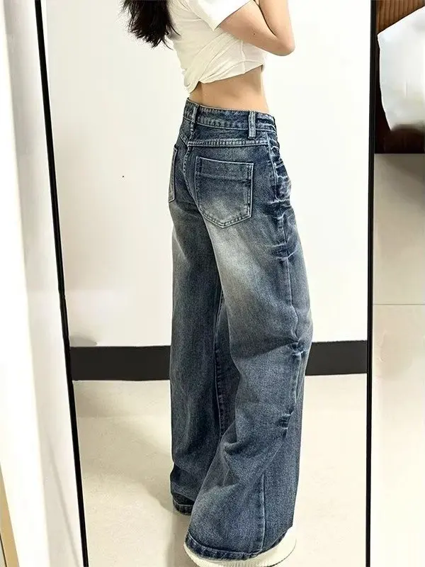 

Low Waist Wide Leg Jeans Women's Summer New Design Ripped Denim Pants Loose Fit Straight Leg Trousers Vintage Washed Bell Bot...