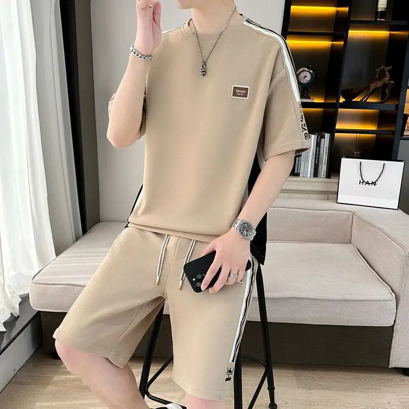 

Комплект повседневной спортивной одежды для мужчин: летний костюм для бега и спорта, двухкомпонентный, для подростков, стильный домашний наряд, футболка и брюки