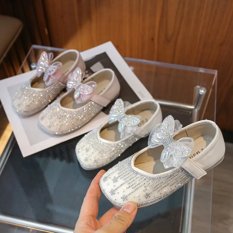 Girls' Crystal Shoes 2024 Spring Children's Soft Sole Princess Single Shoes Girls' Water Diamond Bow Leather Shoes A225